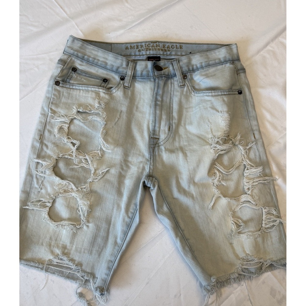 American Eagle Mens Light Wash Blue Core Flex Distressed Denim Shorts Size 28